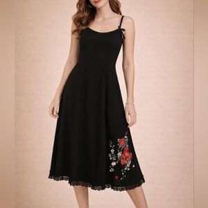 LUCKY 13 Retro Black Floral Lace Spaghetti Bow Strap Pin-up Rockabilly Dress